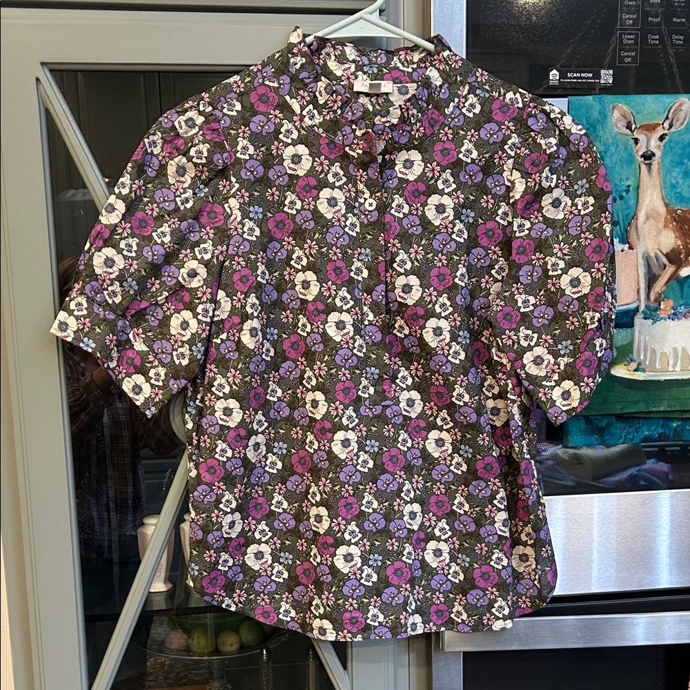 Talbots Cotton Purple Floral Women's Ruffle Button Down Shirt SP